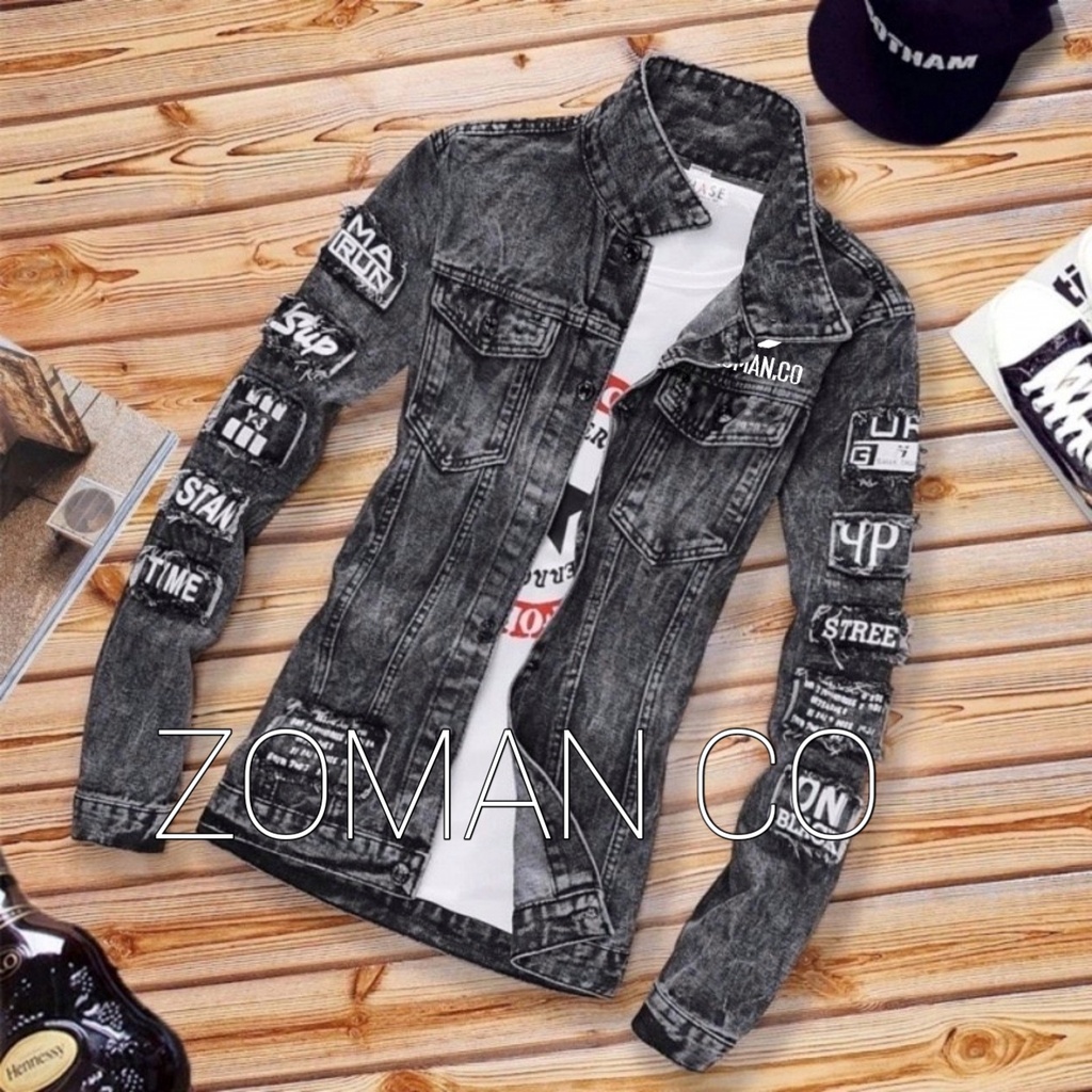 Jaket Jeans Denim New Emblem Z01 Black Sandwash|Jaket Casual Bordir Pria|Jaket Korean Style Size M L