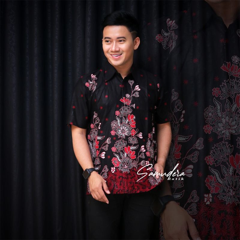 Batik Pria Lengan Panjang Pendek BATIK SAMUDERA HRB026 motif KERATONAN Kode 002 size M L XL XXL Reguler