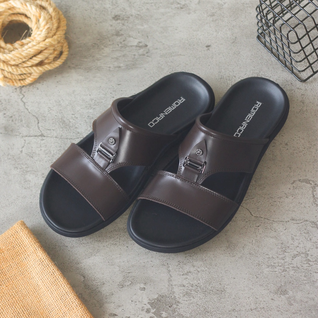 Sandal Kulit Asli Pria Romenaco R23B Black Brown