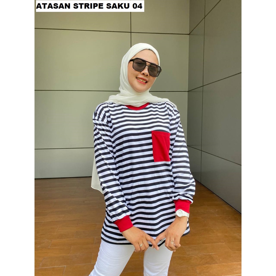 Aldira Kaos Atasan Wanita Lengan Panjang Striped Saku Terbaru2023 / Baju Lengan Panjang