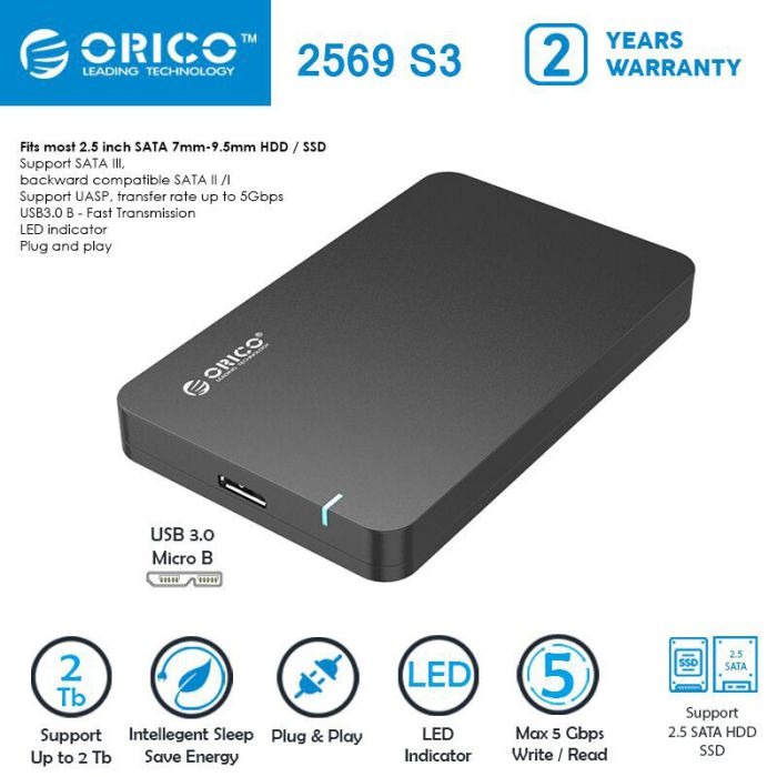 Case ORICO 2569S3 Portable 2.5 inch SATAIII USB3.0 HDD Enclosure Slot