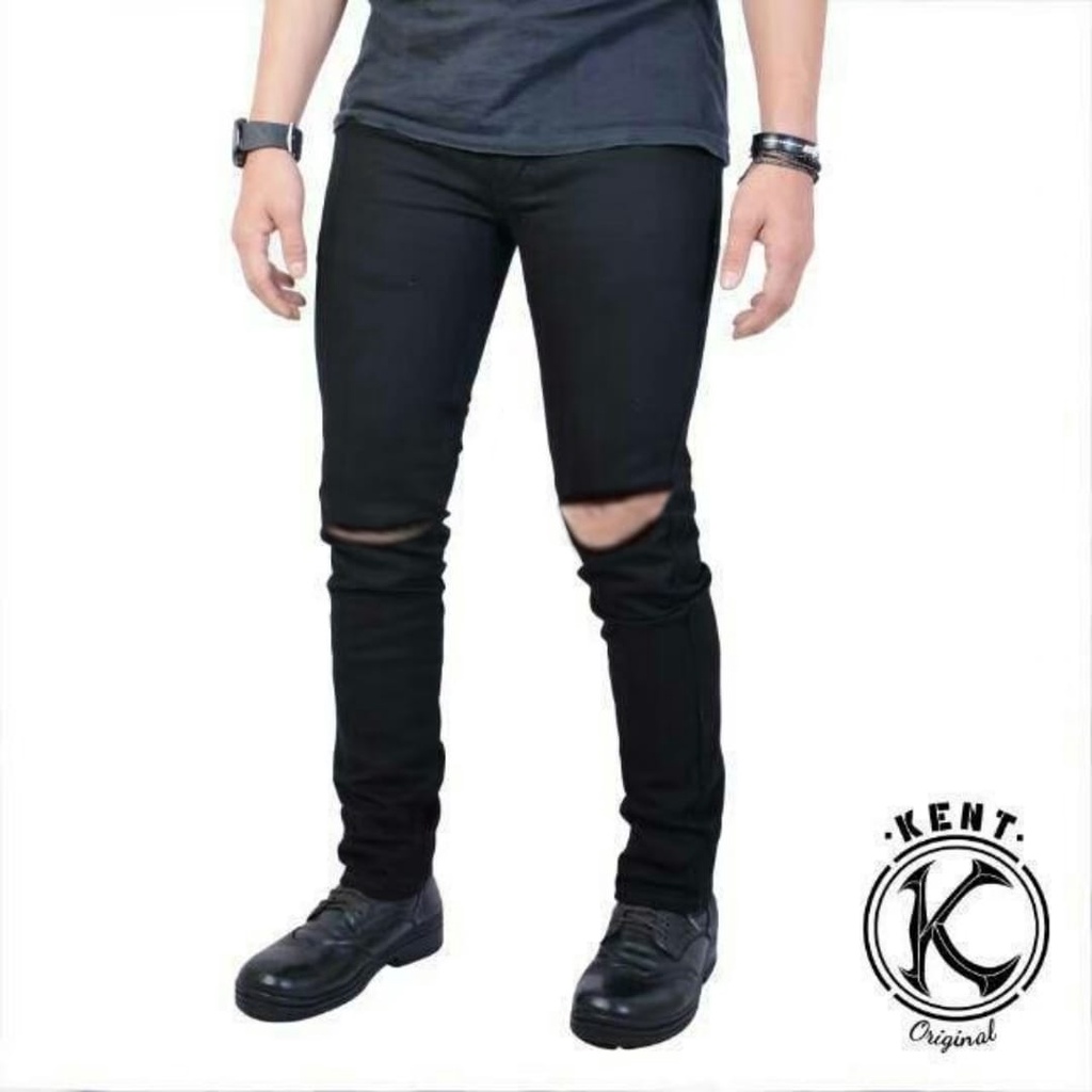 Kent Celana Jeans Pria Sobek Ripped Slim Fit Black Old Original