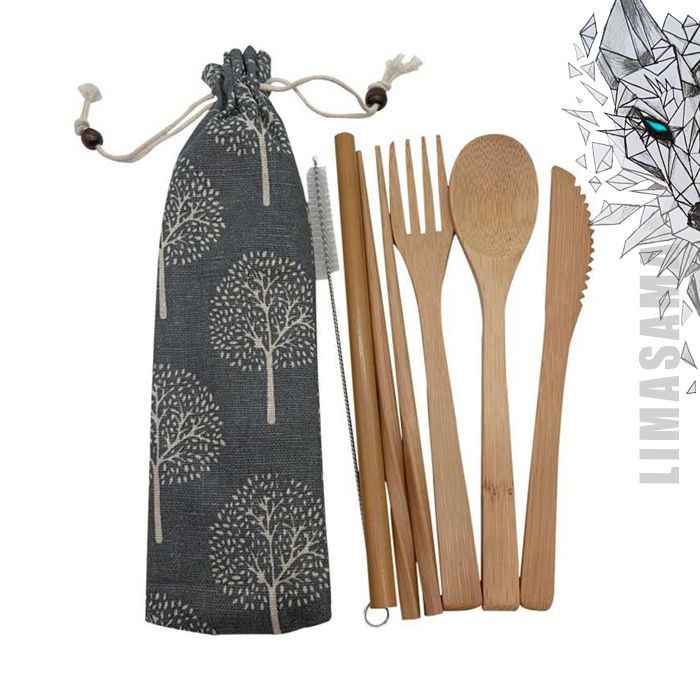 Set Perlengkapan Alat Makan Sendok Garpu Sumpit Sedotan Bamboo bambu Kayu Jepang Korea Unik Travel P