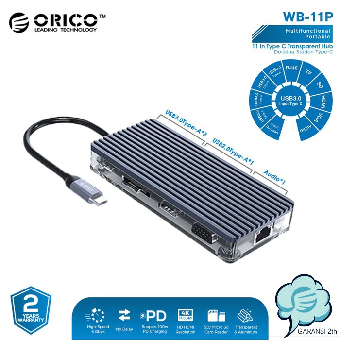 ORICO 11in1 Type C USB 3.0 2.0 VGA HDMI Audio RJ45 SD Portable- WB-11P