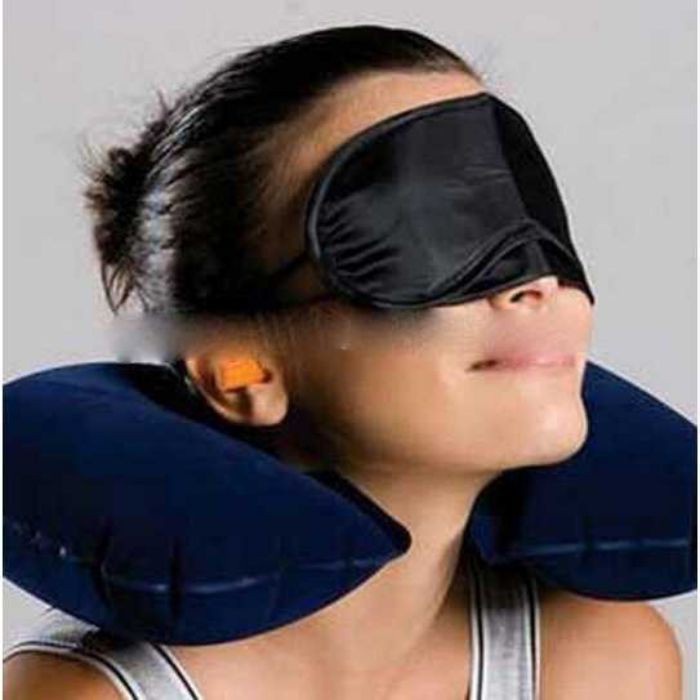 Bantal Leher Inflatable Travelling Masker Mata Plus Earplug CottonTravel Neck Pillow Car Mobil Navy