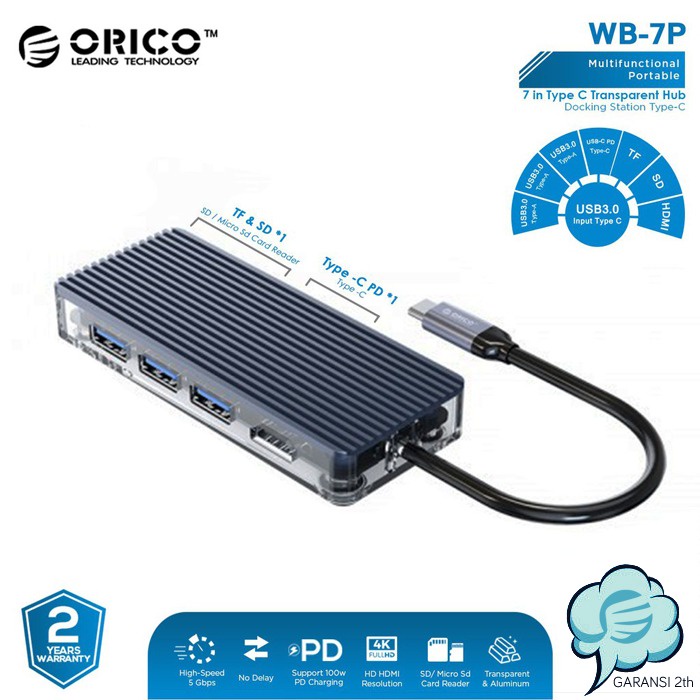 ORICO 8 in 1 Type C HUB USB 3.0 4K RJ45 HDMI TF SD Transparan - WB-8P