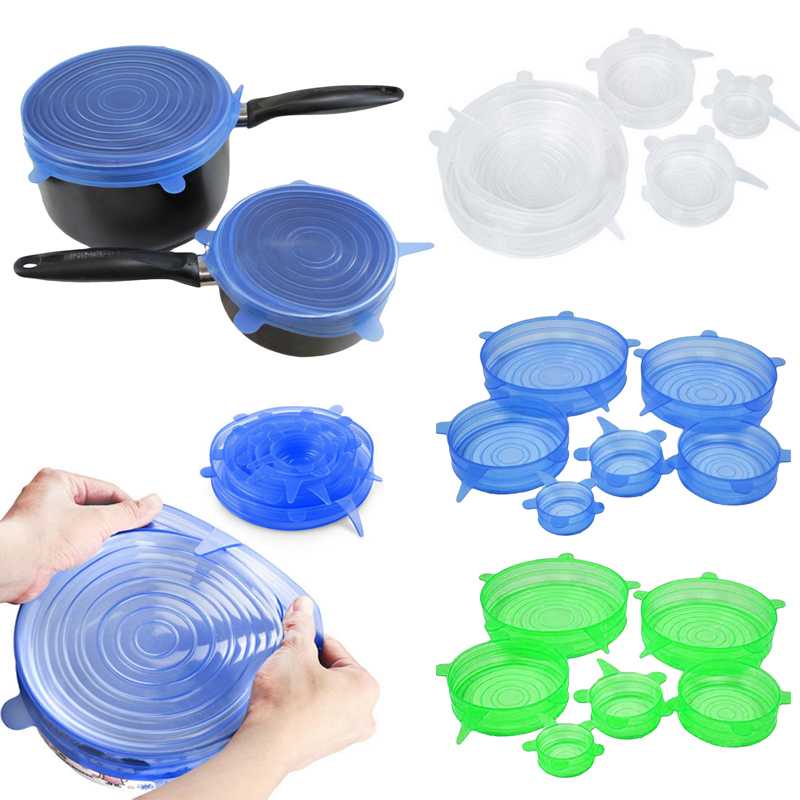 Tutup Piring Gelas Wadah Makan Sayur Silicone Stretch Fresh Food Cling Film Protection Protector Silikon Pelindung Makanan Kulkas Dapur Reuseable Murah 6pcs 4pcs