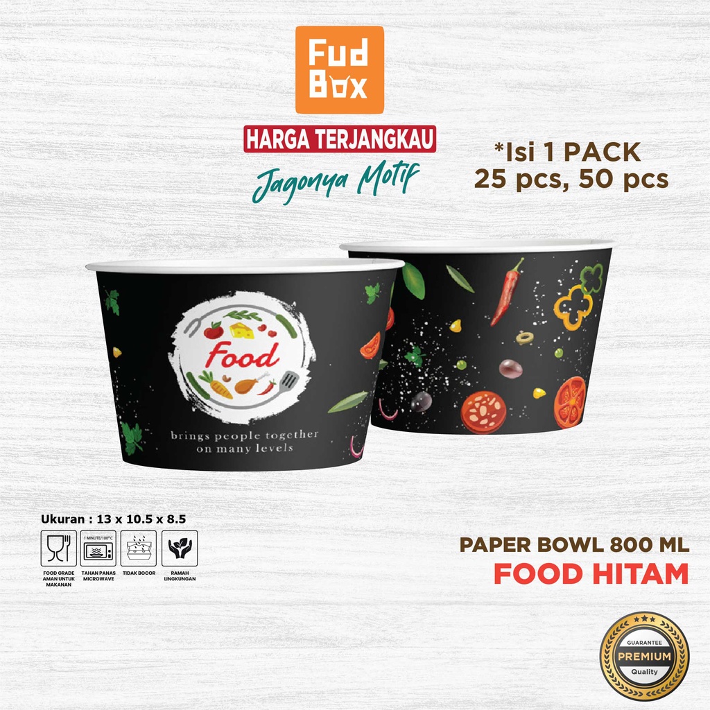 Paper Bowl 800 ml + Tutup | Paper Rice Bowl Mangkok Kertas Motif Food Hitam