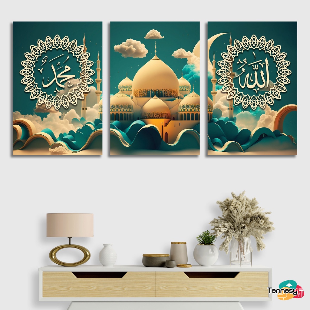 TENNESY Hiasan Dinding Kaligrafi Masjid Allah Muhammad Set 3 Panel Dekorasi Dinding Kamar Tidur Pajangan Kayu Poster Dekorasi Rumah