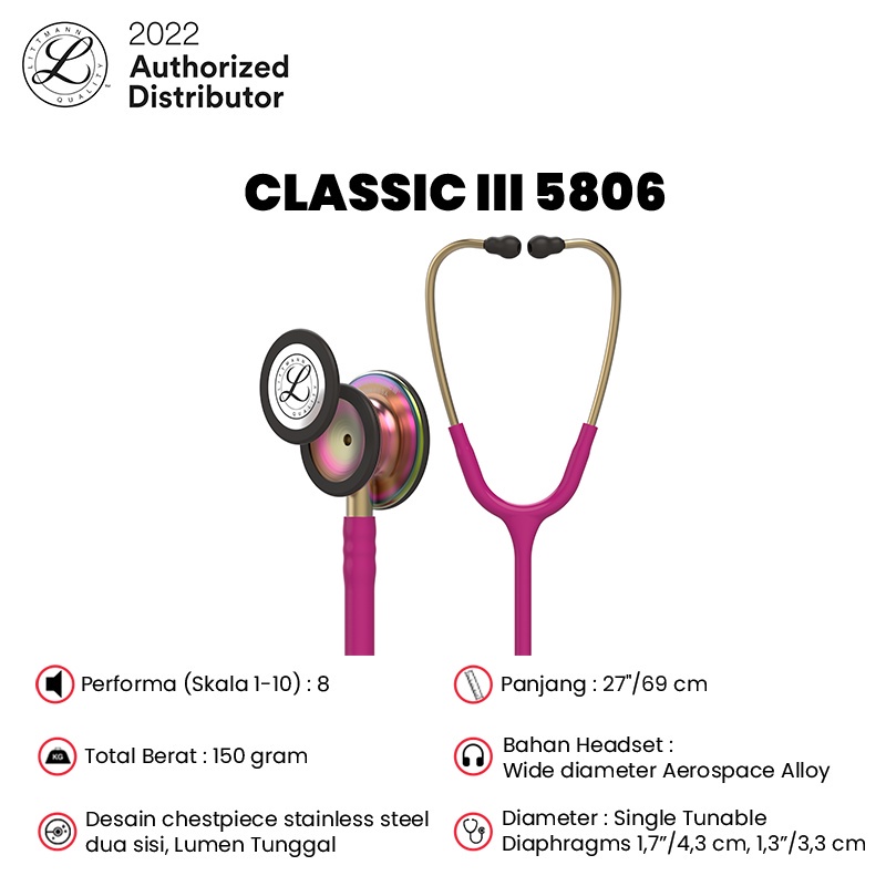 3M Littmann Classic III Stethoscope / Stetoskop Dewasa - RASPBERRY / RAINBOW - 5806