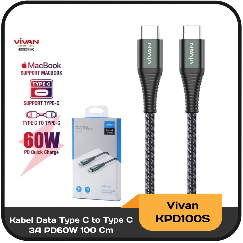 Kabel Data Type C to Type C Vivan KPD100S PD 3A 60W Quick Charge 100 cm