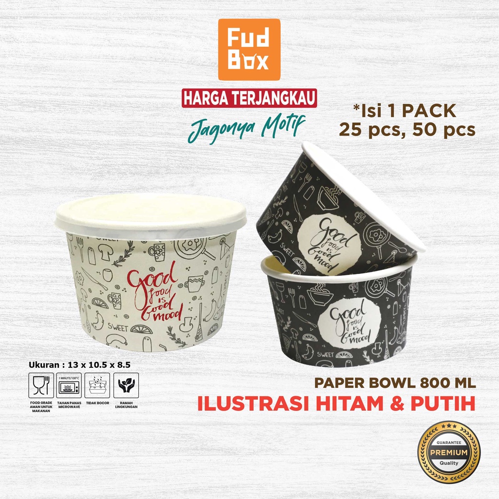 Paper Bowl 800 ml + Tutup | Paper Rice Bowl Mangkok Kertas Motif  Ilustrasi Hitam dan Putih