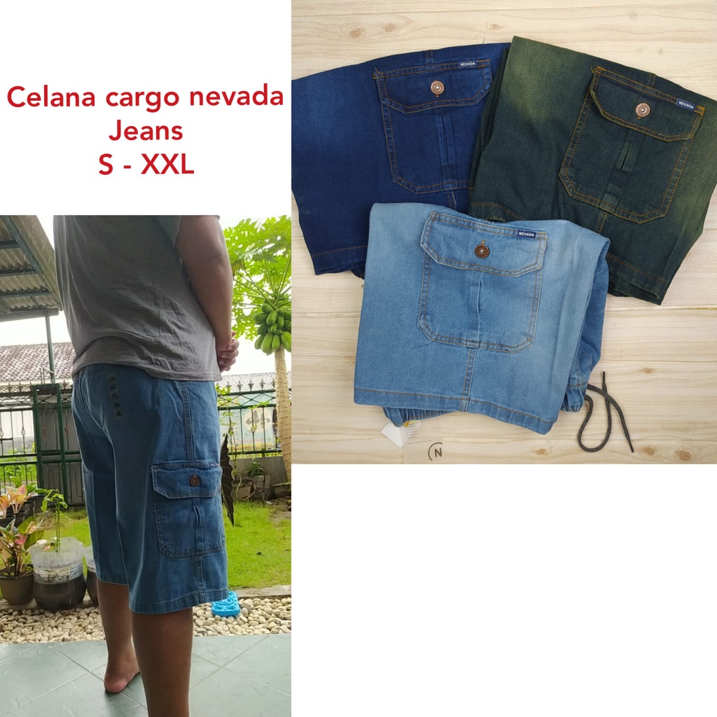 NEVADA ORIGINAL celana pendek cargo jeans pria cowok dewasa remaja saku samping pinggang karet brand