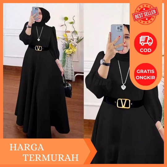 Ls - Gamis Syari Annur Bahan Crinkle Airflow Polos Model Terbaru Set Hijab Panjang Gamis Polos Simpl
