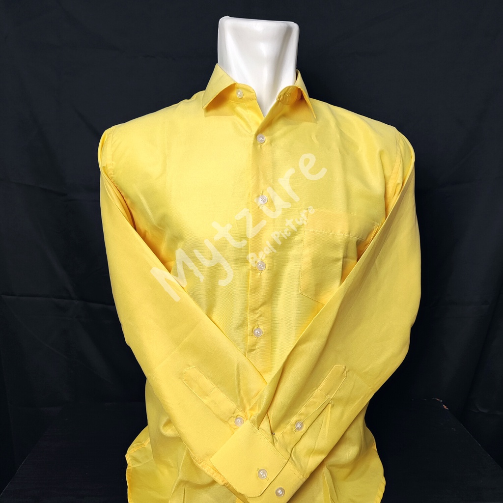 W3SL3Y/BMAX Kemeja Kerja Polos Pria Formal Warna Kuning Muda Lemon Tangan Panjang