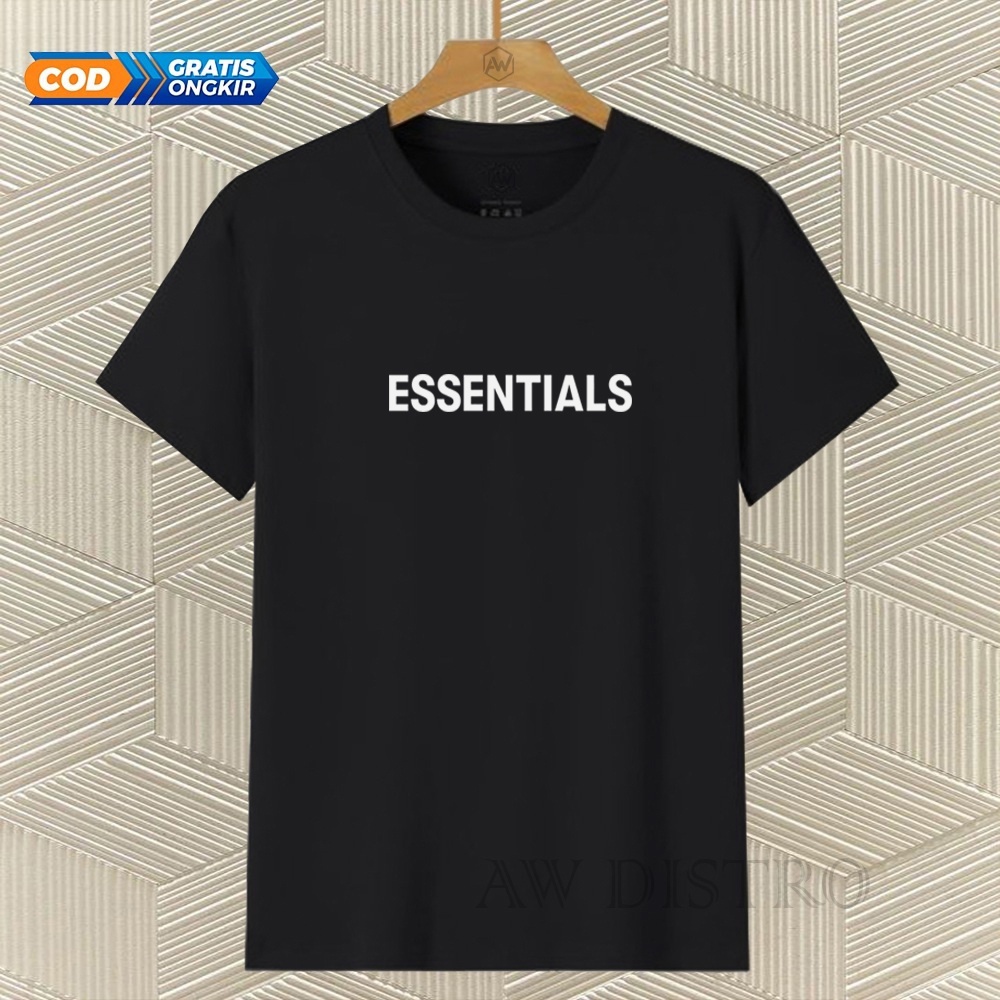 COD Baju Kaos Distro ESSENTIALS Teks Putih Premium Quality Lengan Pendek