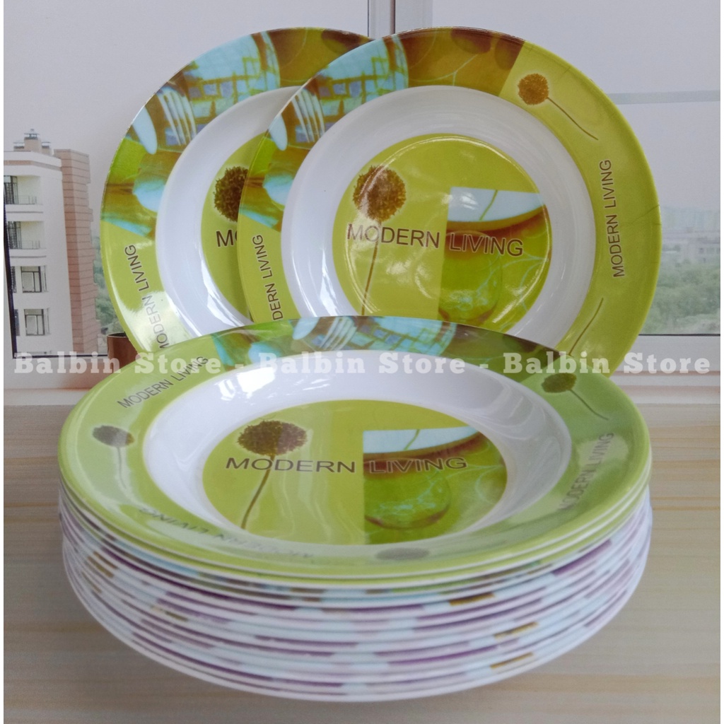 SATU LUSIN | 12 PCS PIRING MAKAN MELAMINE BESAR 23.CM | 9.INCH HIJAU MOTIF KUALITAS FOOD GRADE