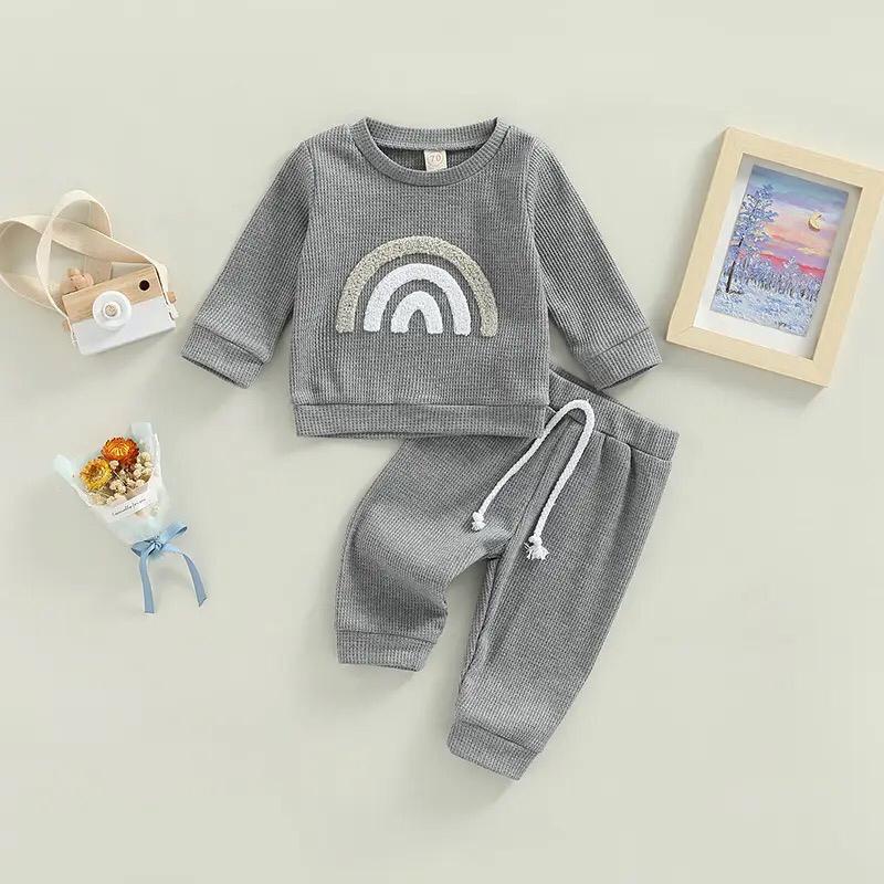 MINIMOLA One Set Bordir Jogger Anak Sweater Knit Waffle Piyama Unisex Setelan Bayi Baju Celana Setcel Laki-laki Perempuan