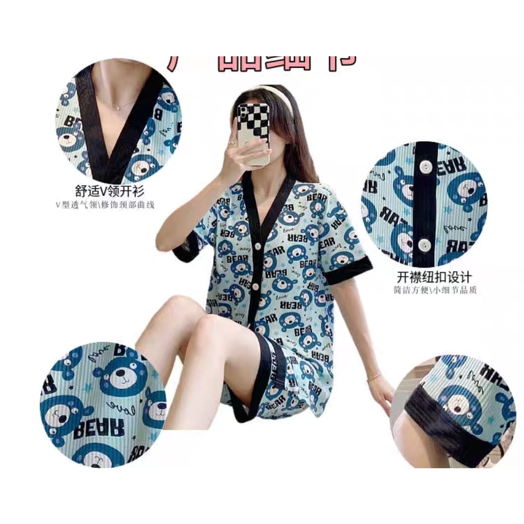 Baju tidur piyama pendek bahan kaos import kancing lima