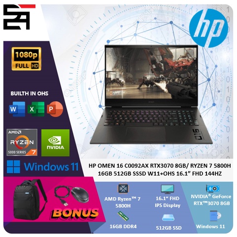 HP Omen 16 C0092AX RTX3070-8GB Ryzen 7 5800H 32GB 512GB SSD W11+OHS 16.1 Inchi FHD 144Hz Blit