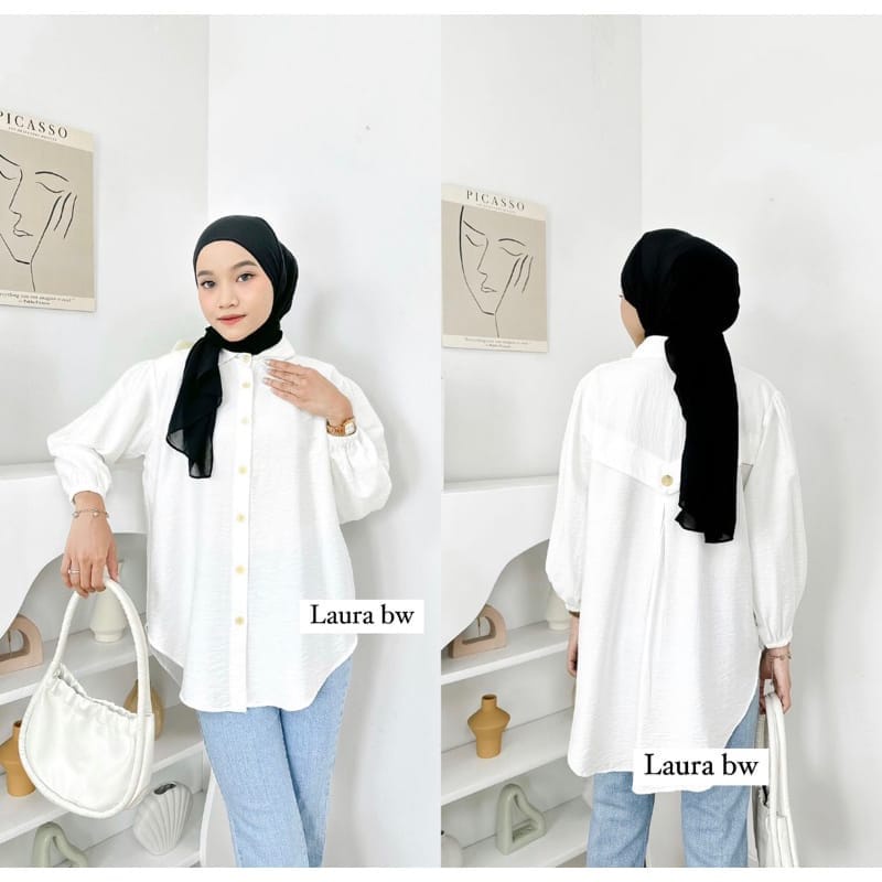 Laura Blouse Pollo Linen Blouse Kancing Kemeja Wanita Kerja