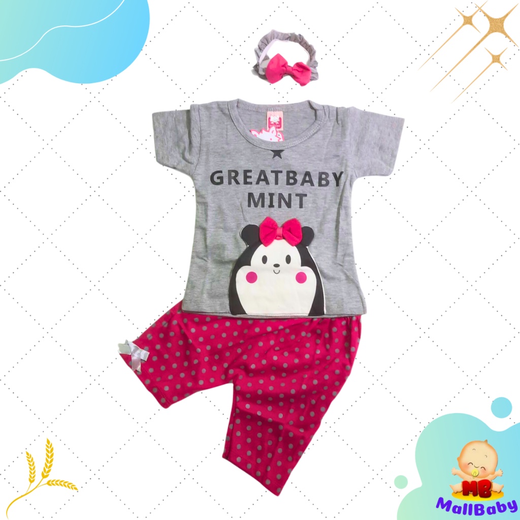 OBRAL PROMO CUCI GUDANG! JUAL RUGI!Baju Bayi Perempuan 6 12 Bulan Setelan Kaos Anak Cewek 1 Tahun Murah Lucu Bonus Bandana GreatBaby Mint