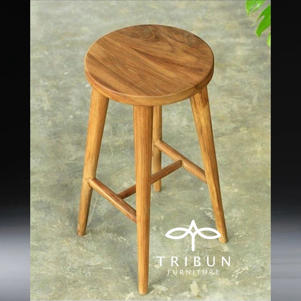 Kursi Bar Stool Tinggi Bulat Kayu Jati Solid