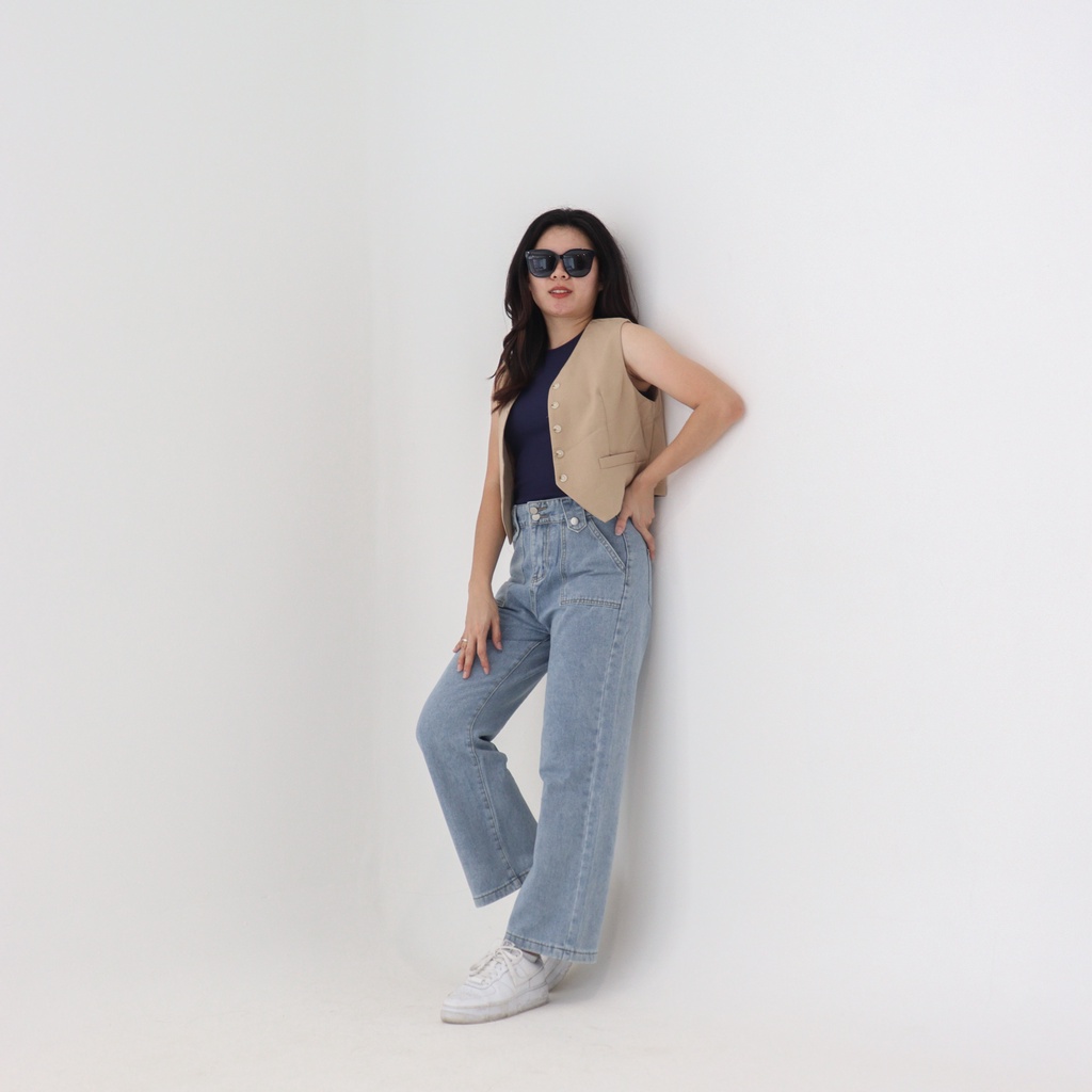 DEMORIN - Celana Jeans Wanita Straight Highwaist Kekinian - Misha X36