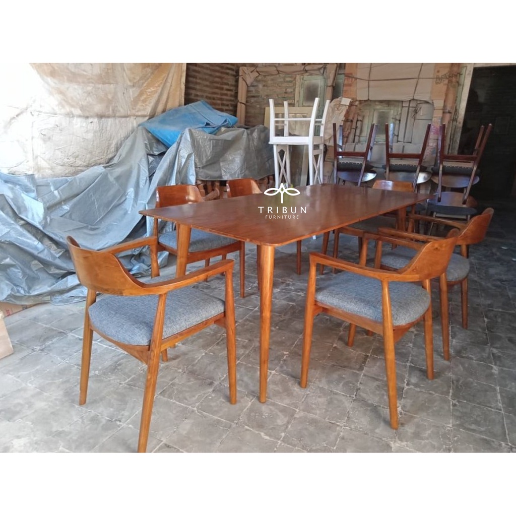 Set Meja Makan Minimalis Kayu Jati Kursi 6 Jok Busa Custom