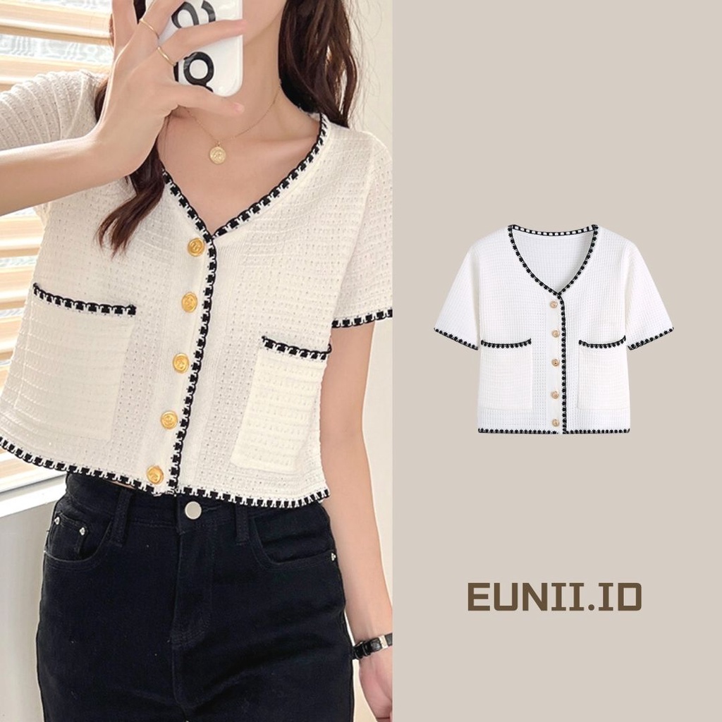 [2 Warna] EUNII Atasan Kemeja Lengan pendek All-Match Korean Style Fashion Retro V-neck Rajut