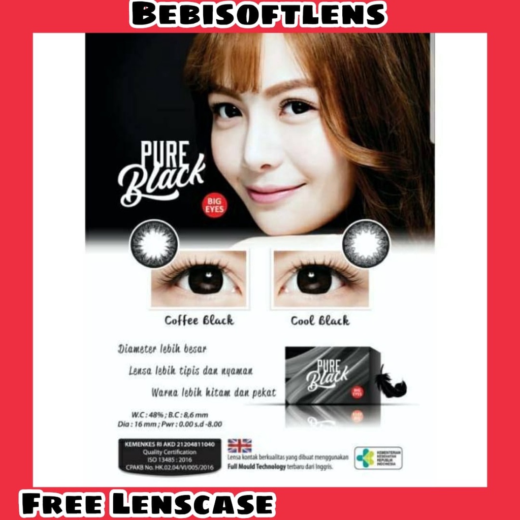 Softlens PURE BLACK DIA 16.00mm NORMAL &amp; MINUS (-0.50 s/d -3.00)  Big Eyes  / Soflens Normal Lensa Kontak pure black