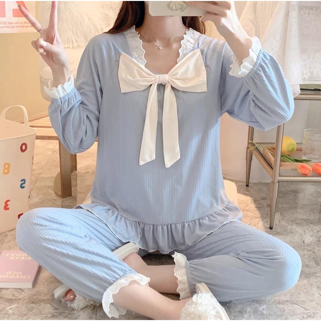 RULIF Setelan Piyama Baju Tidur Wanita Import PPRS BIG PITA bahan serat rib