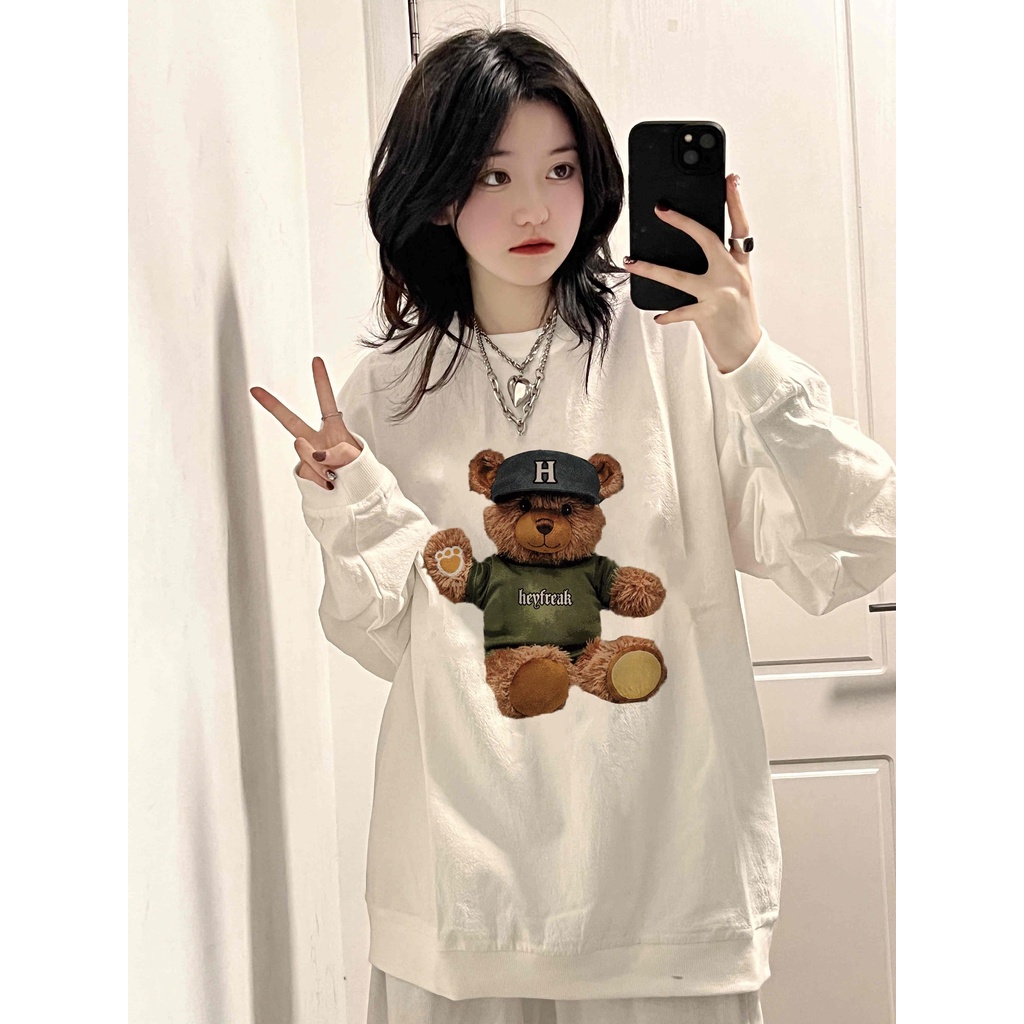 XIAOZHAINV Sweater Oversized Wanita Bear Pattern Lengan Panjang Korean Style