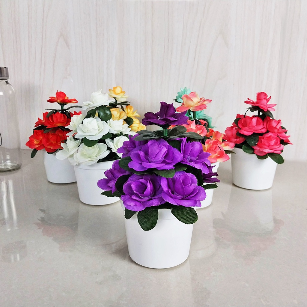 Pot Bunga Mawar Hias Plastik Mini Artifical Flower Decoration Import Tanaman Hias Palsu Cantik PBP107