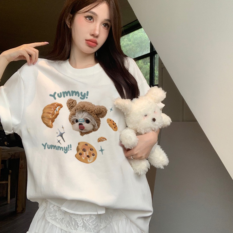 Print T-shirt Kaos Lengan Pendek Cute Cookie Dog Baju Wanita Oversize Korean Style