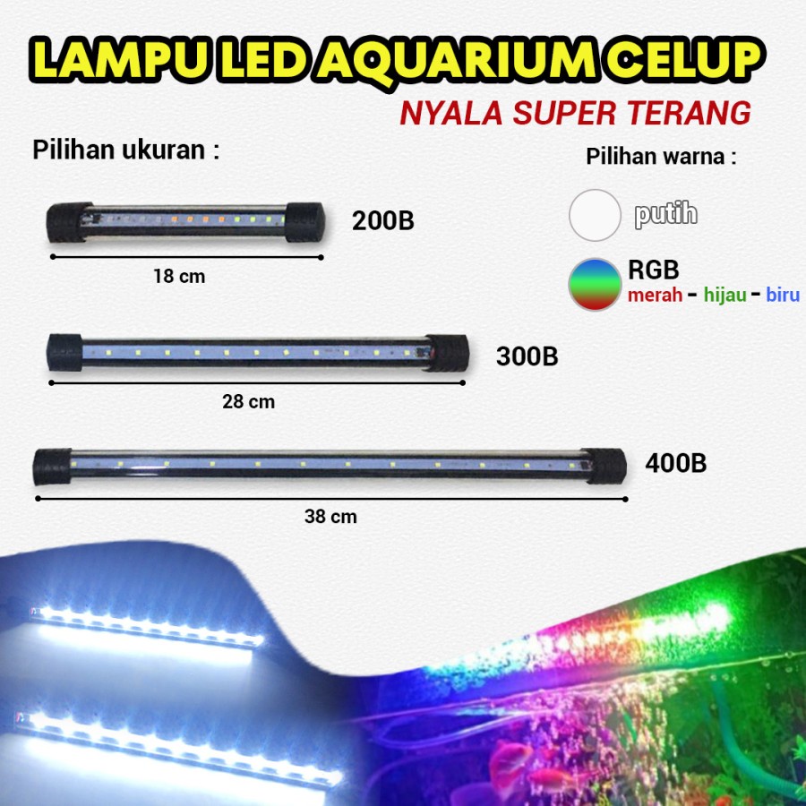 Lampu Aquarium Akuarium LED Celup 20cm 30cm Warna Warni RGB