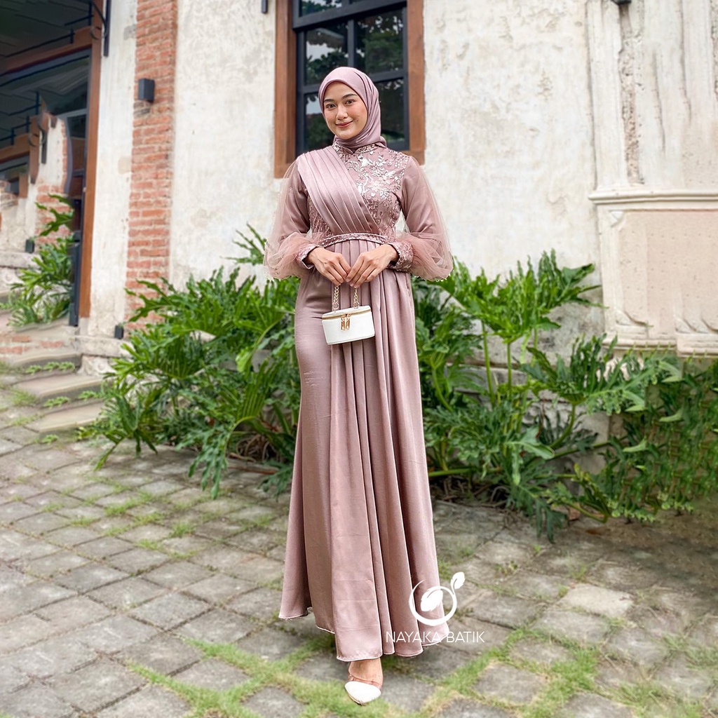 ADA MAROON - Melody Gamis Lebaran Terbaru 2023 Dress Muslim Lengan Panjang Dress Kondangan Gamis Brukat Tulle Mutiara