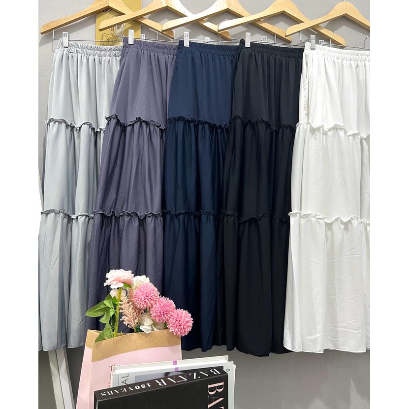 Cherry_ rok rempel beraksen 3 susun | ruffle long skirt korean style | rok panjang wanita