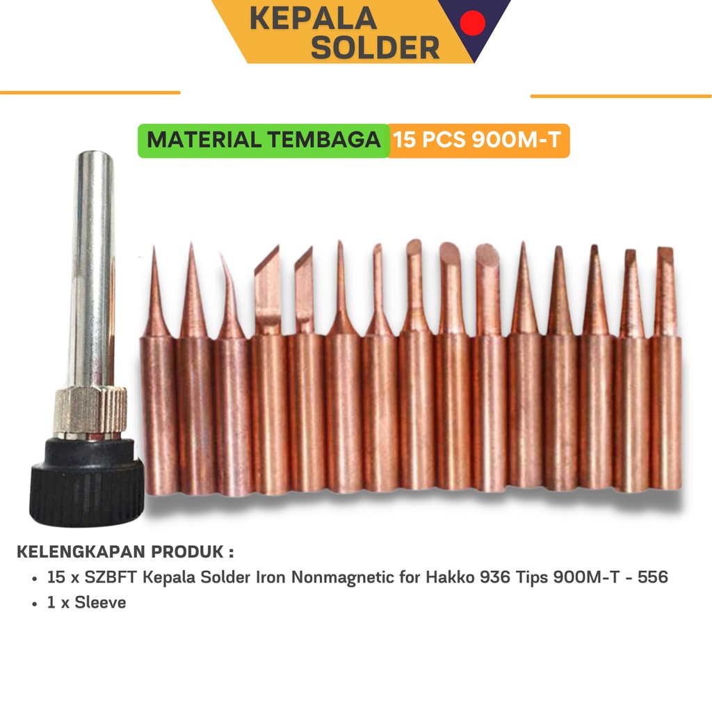 Kepala Solder SZBFT Nonmagnetic 15 PCS untuk Hakko 936 Tips 900M-T - 556 dengan Material Tembaga dan Panjang Sleeve 65 mm Bebas Timbal