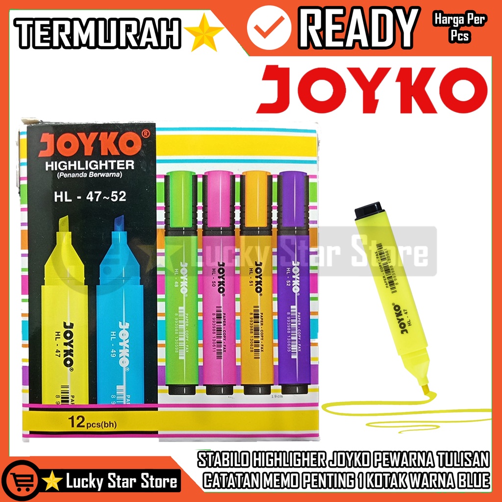 

JOYKO JOIKO HIGHLIGHTER STABILO HL-47 WARNA BLUE BIRU PENANDA BERWARNA JOYKO WARNA PASTEL WARNA PASTEL COLOR JOYKO STABILO SET WARNA PASTEL HIGHLIGHTER JOYKO HIGHLIGHTER PENANDA TULISAN CATATAN MEMO NOTES PENTING KANTOR KULIAH SEKOLAH PER PCS SATUAN