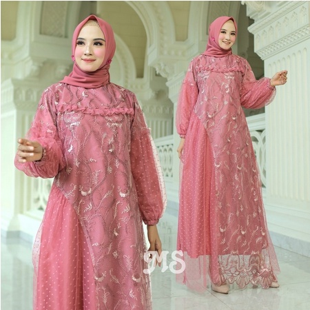 Gamis Seragam Lebaran Idul Fitri 2023 Baju Wanita Remaja Dewasa Bahan Brokat Maxi Esmeralda Gaun Pes