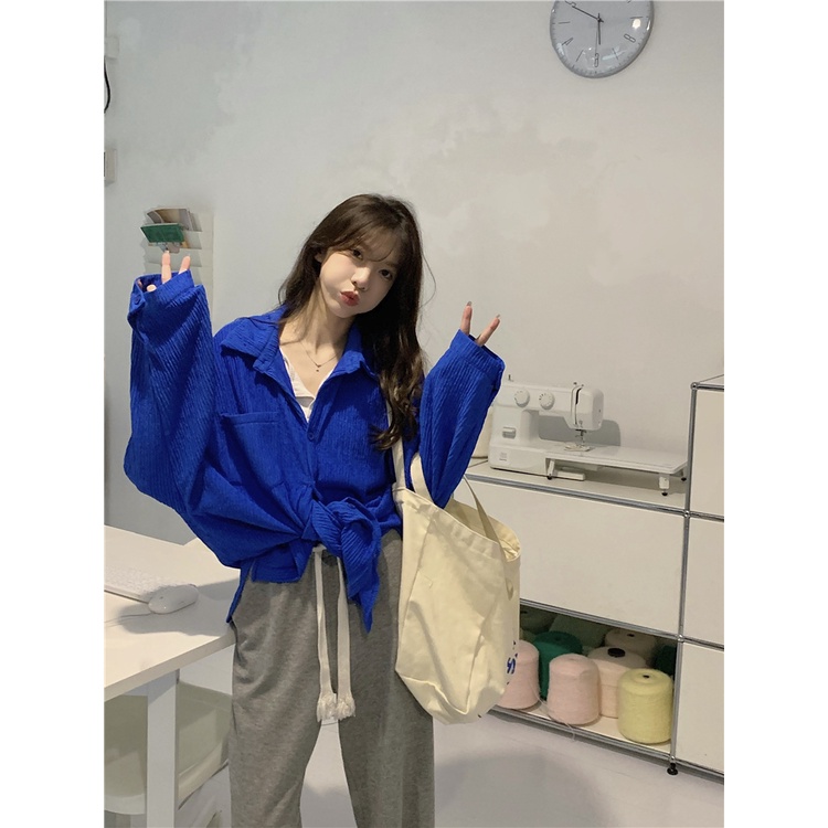 EUNII Korean Style Crinkle Blouse Oversize Kemeja Terbaru Lengan Panjang Baju Wanita