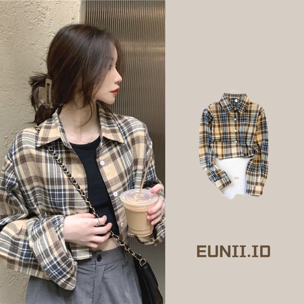 EUNII Blouse Wanita Crop Top Kemeja Kotak Kotak Casual Atasan Lengan Panjang Terbaru Shirt Korean Style