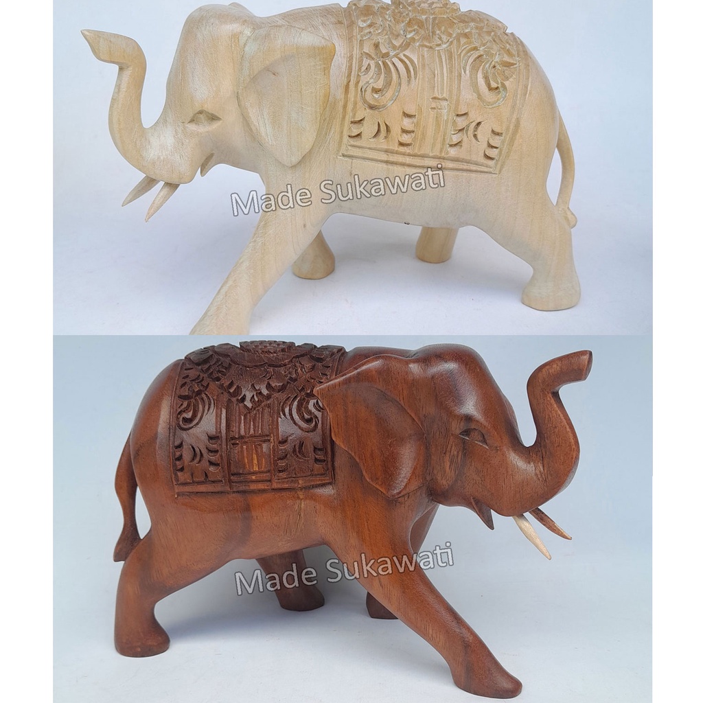 Patung kayu gajah berjalan 18cm kerajinan tangan ukiran handmade bali