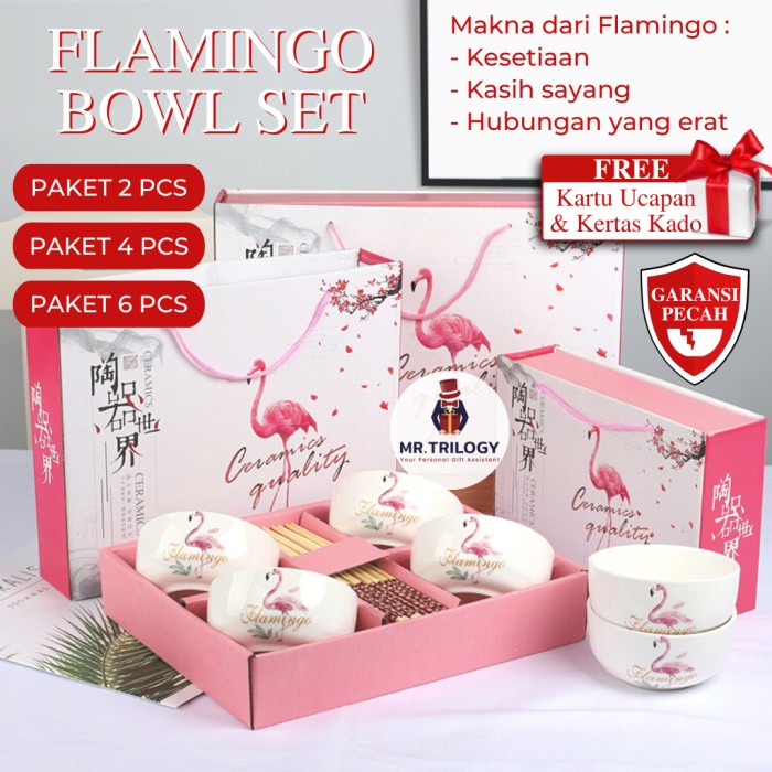 Terlaris Hampers Flamingo Mangkok Keramik Set Sumpit Gemes Alat Makan Aestetik
