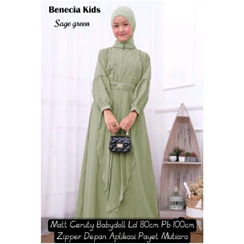 (READY SIAP KIRIM) BENECIA DRESS LEBARAN KIDS ,WARNA SAGE GREEN