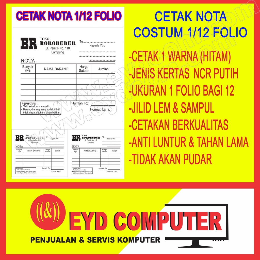 

CETAK NOTA 1 PLY 1 FOLIO BAGI 12 KERTAS NCR COSTUM ISI TANPA RANGKAP CEK BON KWITANSI SURAT JALAN