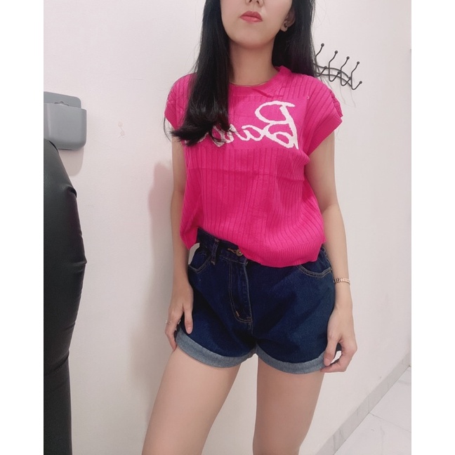 Croptop knit barbieesd | top import rajut lengan pendek pink wanita | top import rajut korean fashion wanita | aquarius boutique89