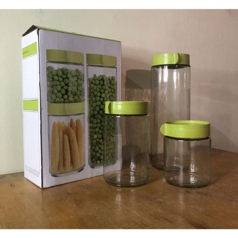 SUMUTSHOP Toples Kaca 1Set isi 3pcs. Warna Hijau Evergreen - Toples Kaca Tebal Untuk Kue Lebaran Idu