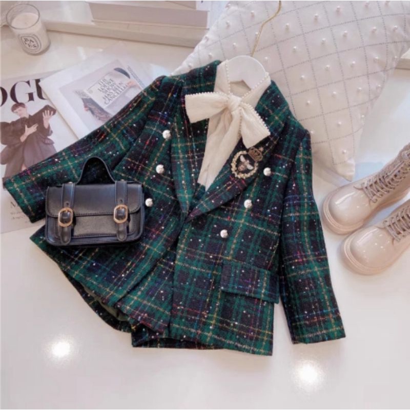 CS214 Blazer Tweed Set Premium | ( Blazer+celana) Setelan Anak perempuan Import